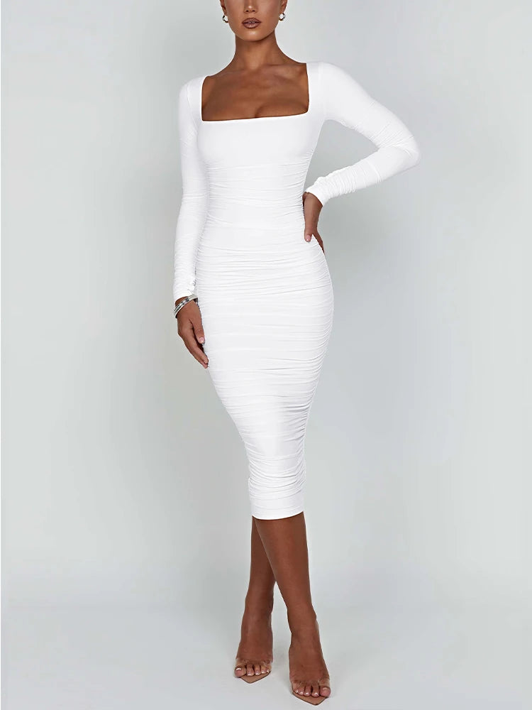 Sexy figurbetontes Kleid mit quadratischem Ausschnitt – Langarm & elegant